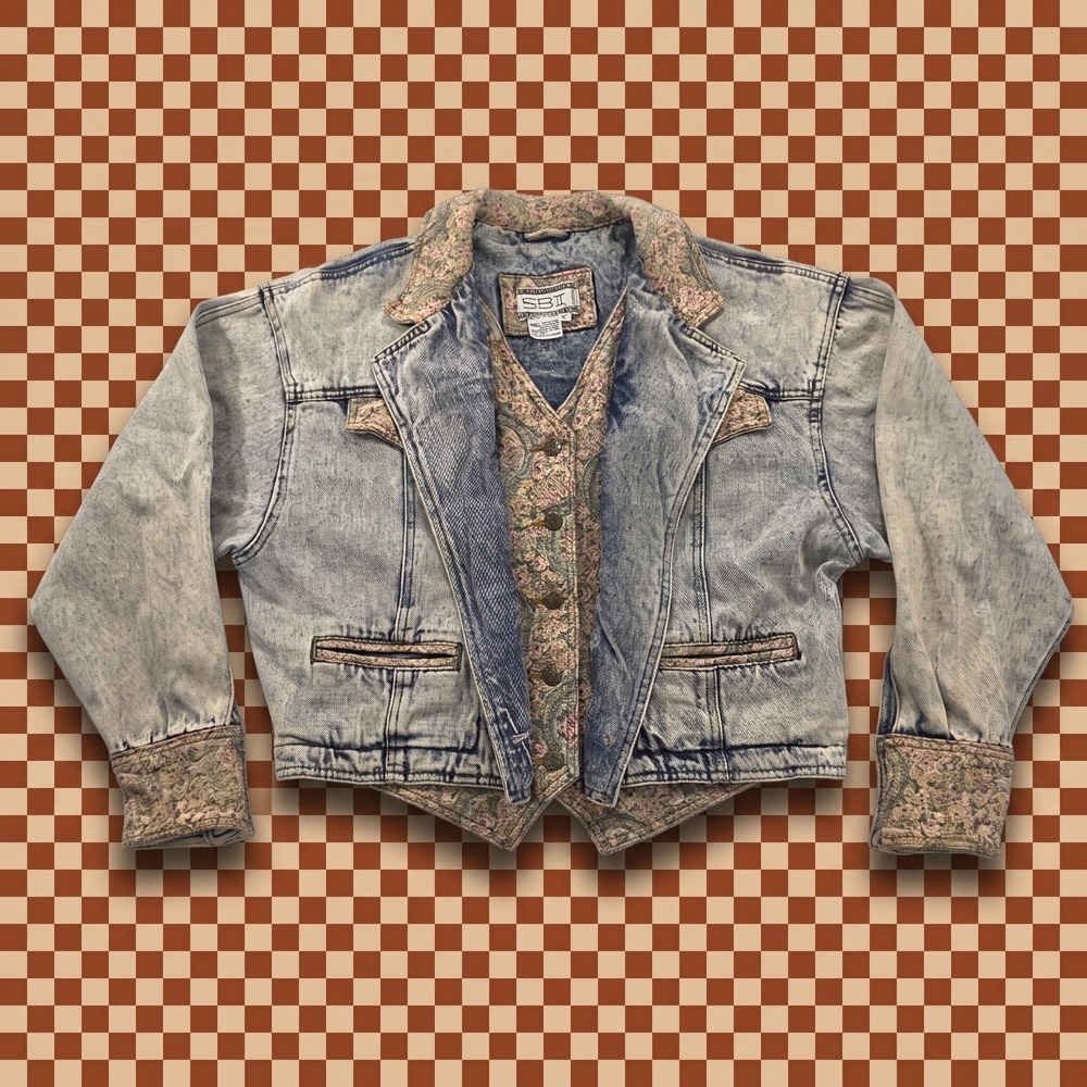 VTG SBII Bitterman Acid Wash Denim Tapestry Vest Jacket Floral 80s Western M EUC